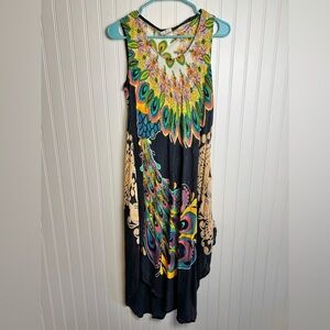 Seven Islands Peacock Print Sleeveless Loose Midi Dress O7